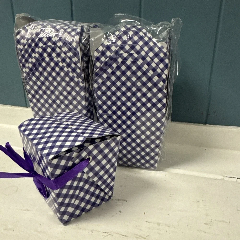 12‎ Mini Take Out Boxes Gingham Purple White Check W/ Handle Goody Party Favor